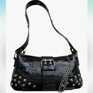 Y2K Black Croc-Embossed Shoulder Bag Chain Detail grommets studs whimsy goth New